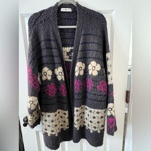 Natural Life Dark Gray Floral Cardigan with Pink and Cream Accents